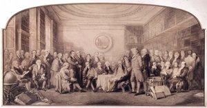 Die bedeutenden Wissenschaftler von 1807-1808. Treffen in der Bibliothek des Royal Institute of Sciences, England. Gravur von William Walker und Sir John Gilbert (1817-1897) von William Walker