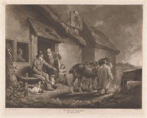 Jäger und Jagdhunde mit ihrer Beute bei einem Gasthaus