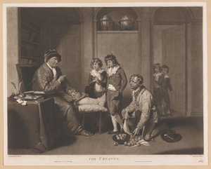 Mann tadelt Kinder und einen knienden Mann mit Birnen von William Ward