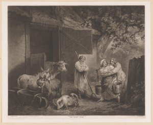 Melkmaid und zwei Bauernknechte bei einem Stall von William Ward