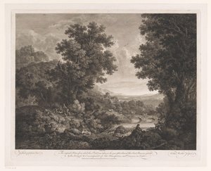 Landschaft mit Figuren um ein Feuer und Zeichner und Schalmeispieler am Ufer eines Flusses von William Woollett