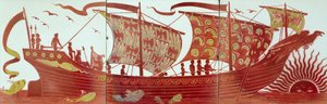 Drei Fliesen, die ein Schiff bei Sonnenuntergang darstellen von William de Morgan