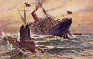Zerstörung eines britischen Handelsschiffs durch ein deutsches U-Boot, Erster Weltkrieg von Willy Stöwer