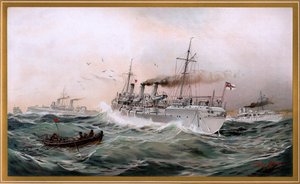 Kaiserliche Marine Greif, Meteor und Jagd spähen bei Brüsterort, Chromo-Lithographie von Willy Stöwer 1894, Nr. 9 aus G. Wislicenus, Unsere Kriegsflotte von Willy Stöwer