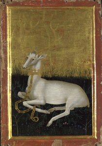 Ein weißer Hirsch mit einer Krone um den Hals, Außentafel des Wilton-Diptychons, zwischen 1395 und 1399