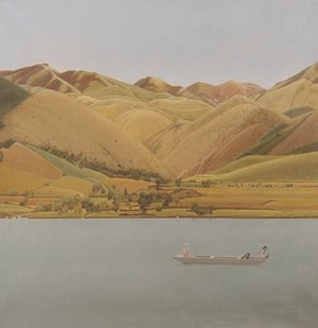 Rand von Abruzzen: Boot mit drei Personen auf einem See