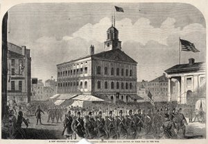 Ein neues Regiment von Massachusetts-Freiwilligen zieht an der Faneuil Hall in Boston vorbei, auf dem Weg in den Krieg von Winslow Homer