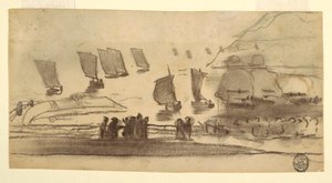 Strandszene mit Menschen und Fischerbooten, Cullercoats, England