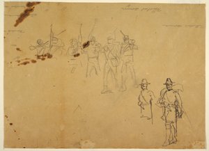 Skizzen von einzelnen Infanteriefiguren und Übungsunterschriften, 1862 von Winslow Homer