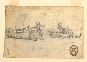 Zwei Boote am Strand mit Figuren, Cullercoats, England von Winslow Homer