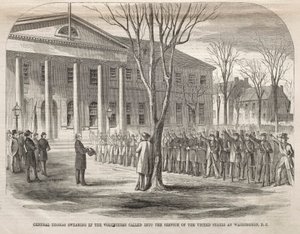 General Thomas vereidigt die Freiwilligen, die in den Dienst der Vereinigten Staaten in Washington, D.C. berufen wurden von Winslow Homer