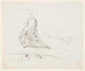 Mädchen auf einem Baumstamm sitzend von Winslow Homer