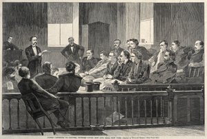 Geschworene hören dem Anwalt zu, Oberster Gerichtshof, New City Hall, New York, 1869 von Winslow Homer