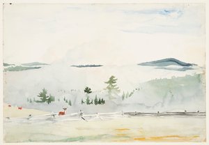 Landschaft mit Hirschen im Morgennebel