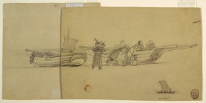Männer und Frauen entladen eine Fischerjolle, Cullercoats, England von Winslow Homer