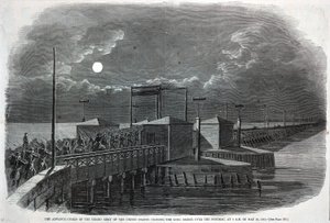 Die Vorhut der großen Armee der Vereinigten Staaten überquert die Lange Brücke über den Potomac um 2 Uhr morgens am 24. Mai 1861, aus Harper