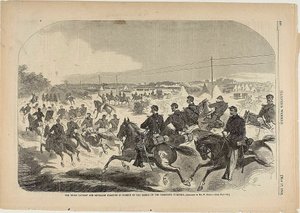 Die Union Kavallerie und Artillerie starten die Verfolgung der Rebellen auf dem Yorktown Turnpike