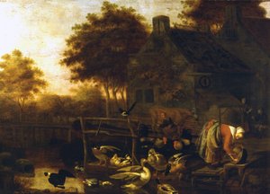 Landschaftsszene in Holland (Bauernhof mit vielen Tieren und einem Bauern, der eine Kuh melkt) von Wintrack dem Jüngeren