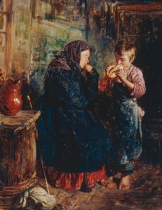 Alte Frau und Junge mit Brot von Wladimir Jegorowitsch Makowski
