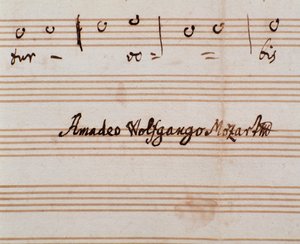 Detail der Unterschrift des Komponisten auf der Notenseite von Querite primum regnum Dei von Mozart zur Erlangung des Titels Accademico filarmonico (1770) von Wolfgang Amadeus Mozart