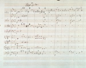 Seite der Partitur der Symphonie Nr. 8 in D-Dur, von Mozart (1768)