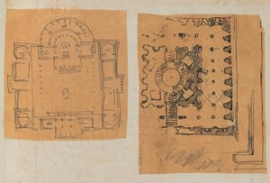 Seite aus einem Sammelalbum mit Zeichnungen und mehreren Drucken von Architektur, ca. 1800-1850. Schöpfer: Werkstatt von Charles Percier, Werkstatt von Pierre François Léonard Fontaine