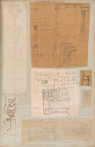 Seite aus einem Sammelalbum mit Zeichnungen und mehreren Architekturabdrücken, ca. 1800-1850