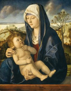 Madonna mit Kind in einer Landschaft von Workshop of Giovanni Bellini