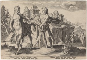 Apollo vertraut Chiron die Erziehung des Asklepios an