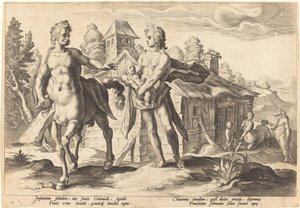 Apollo vertraut Chiron die Erziehung von Asclepius an