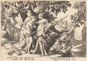 Jupiter in der Verkleidung von Diana verführt Callisto
