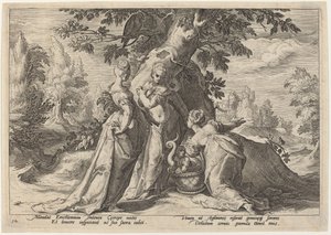 Die Töchter des Kekrops öffnen die ihnen von Minerva anvertraute Kiste von Workshop of Hendrick Goltzius, after Hendrick Goltzius