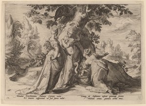 Die Töchter des Cecrops öffnen die von Minerva anvertraute Kiste von Workshop of Hendrick Goltzius, after Hendrick Goltzius