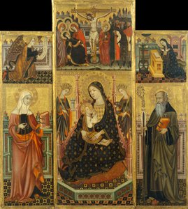 Altarbild der Jungfrau, die das Kind stillt, Heilige Klara und Heiliger Antonius der Abt von Workshop of Llorenç Saragossa