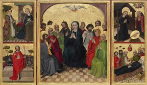 Retabel des Heiligen Geistes geöffnet. Pfingsten, Verkündigung, Geburt Christi, Auferstehung Christi und Tod der Jungfrau, um 1448 von Workshop of the Wolfgang Retable