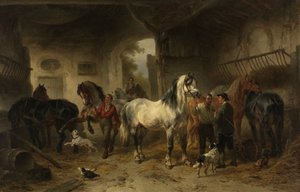 Innenraum eines Stalls mit Pferden und Figuren von Wouter  Verschuur