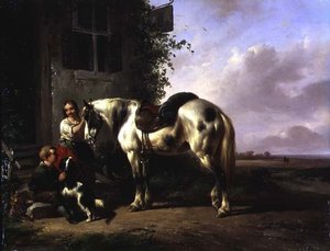 Außenansicht eines Gasthauses mit jungem Mädchen, Junge, Hund, Pferd von Wouterus Verschuur