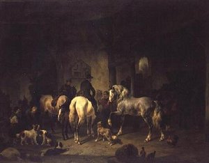 Das Innere eines Stalls mit Jägern und anderen Tieren von Wouterus Verschuur
