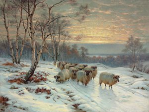 Ein Hirte mit seiner Herde in einer Winterlandschaft von Wright Baker