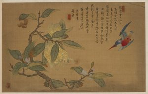 Vogel, Frucht und Blumen