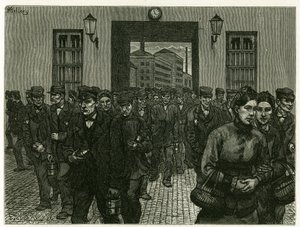 Ein Fabrikausgang in Gent. Gravur von X. Mellery zur Illustration der Geschichte Belgium von Xavier Mellery