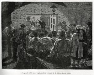 Keller für Polichinelles, ein Keller für Puppenspiele. Gravur von X. Mellery, zur Illustration der Geschichte von Belgien von Camille Lemonnier, veröffentlicht in Le tour du monde, herausgegeben von Edouard Charton (1807-1890) von Xavier Mellery