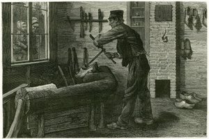 Der Saboteur von Terneuzen, vergrößert und gräbt das Holz mit Hilfe von Kramms. Gravur von X. Mellery, nach der Natur, zur Illustration der Geschichte „Belgien“, 1888, von Camille Lemonnier (1844-1913), Kunstkritiker und Schriftsteller.