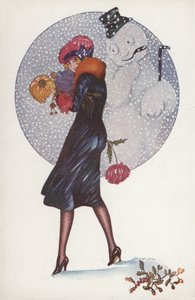 Neujahrskarte mit einem Mädchen und einem Schneemann