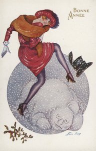 Neujahrskarte mit einem Mädchen und einem Schneemann