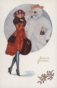 Neujahrskarte mit einem Mädchen und einem Schneemann von Xavier Sager