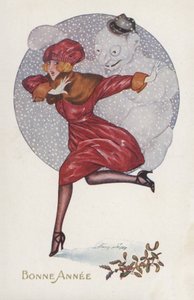 Neujahrskarte mit einem Mädchen und einem Schneemann