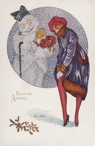 Neujahrskarte mit einem Mädchen und einem Schneemann von Xavier Sager