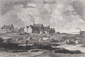 Landschaft auf dem Land mit einem Fluss rechts und Häusern im Hintergrund von Xavier de Dananche