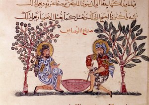 Die Herstellung von Blei. Seite aus „Maqamat“ (Seancen), Schelmenpoem des 11. Jahrhunderts von dem arabischen Dichter Abu Mohammed al-Kasim ibn Ali Hariri (oder Al-Hariri) (1054-1122) illustriert von Al-Wasiti von Yahya ibn Mahmud Al Wasiti
